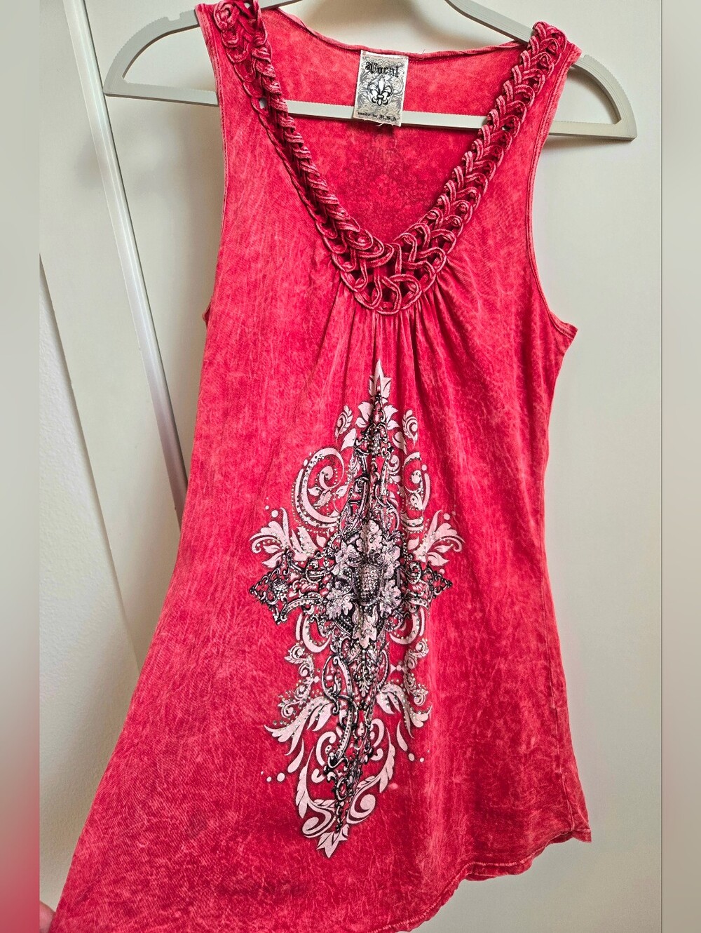 Vintage Y2K Vocal Red Braided V-Neck Tank with Ornate Front Motif
